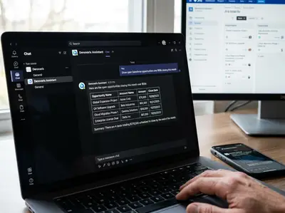 AI assistant answering a Salesforce question inside Microsoft Teams and Slack