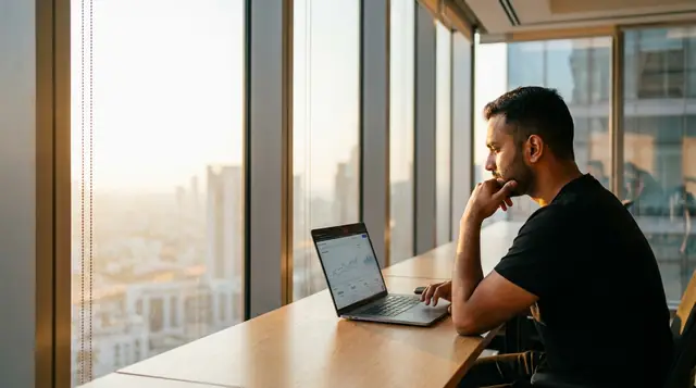 Business leader planning an AI automation strategy on a laptop in a high-rise office at sunset